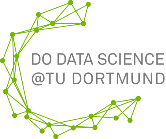 Logo vom Dortmund Data Science Center (DoDSc). Grüne Vernetzungslinien sind durch grüne Knotenpunkte miteinander verbunden und bilden einen Halbkreis. In der Mitte steht geschrieben "DO DATA SCIENCE AT TU DORTMUND".