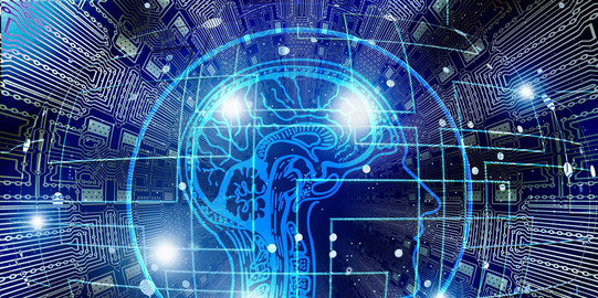 On blue background is drawn with white lines a brain and a network is shown from white dots.